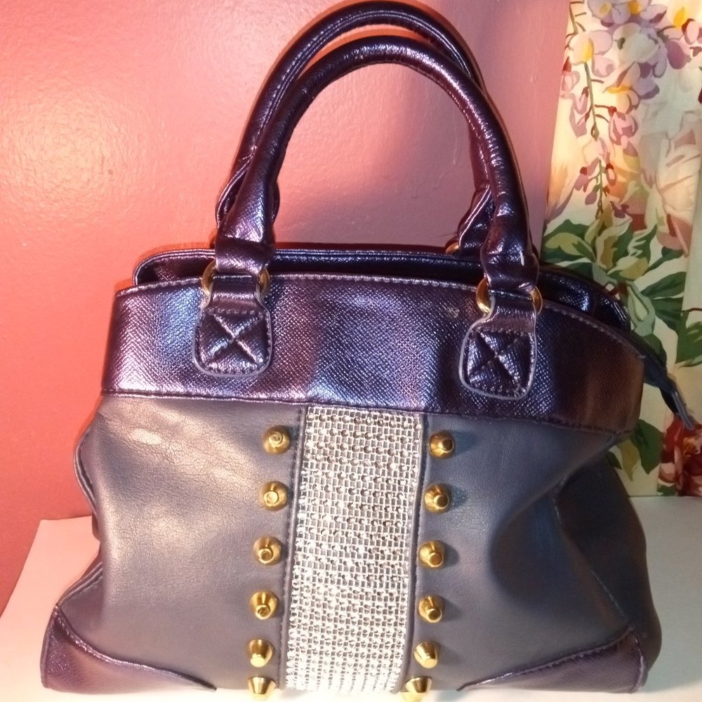 BLACK TRIMMED IN PURPLE SILVER AND GOLD DOUBLE-SIDED HANDBAG OF BEAUTY